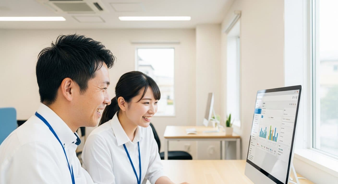 ひとつの画面を一緒に確認する経営者とスタッフ