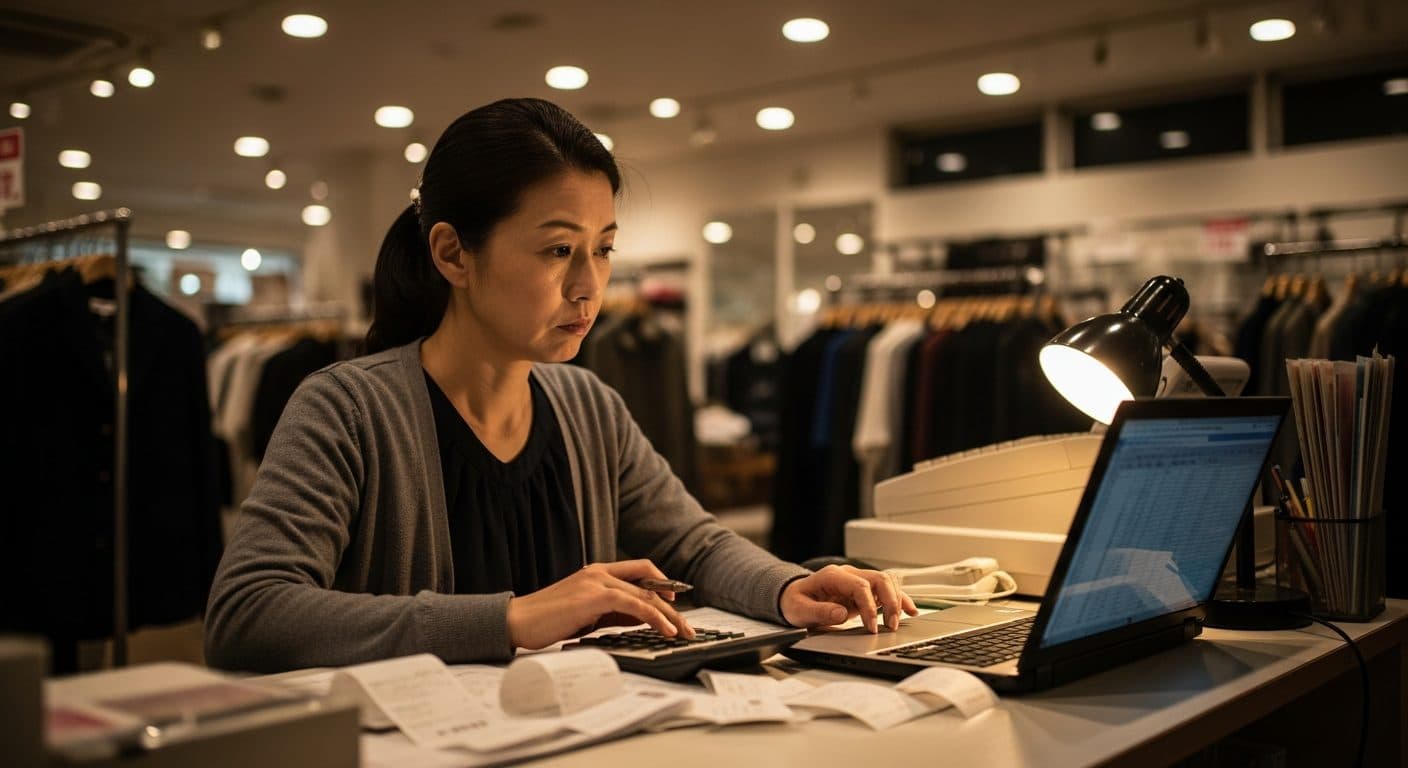 閉店後のレジで数字を突き合わせる経営者