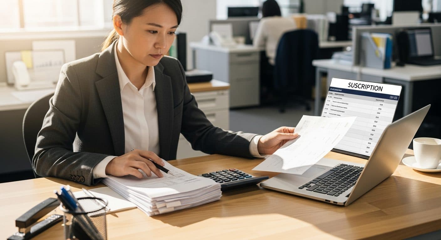 請求書の束と月額の一覧を見比べる経営者